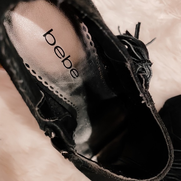 BEBE Black Suede Platform Fringe Ankle Booties 8 - Picture 15 of 16